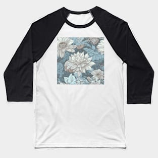 Soft Blue and White Dahlia Flower Pattern Baseball T-Shirt